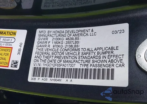 2023 Honda Accord Hybrid Ex-L from USA, damaged, VIN 1HGCY2F65PA017007